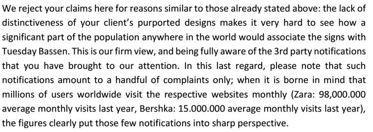 An excerpt from the letter Zara's counsel sent to Bassen's attorney