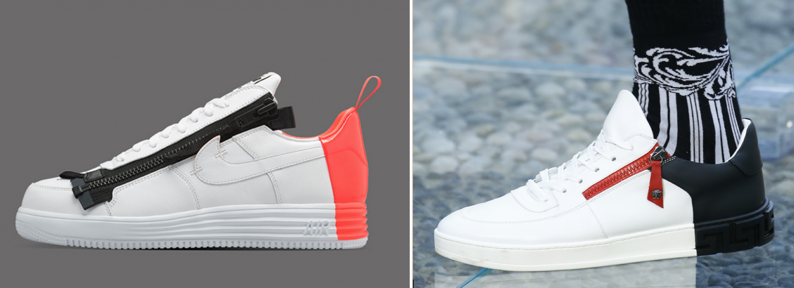  ACRONYM x Nike sneaker (left) & Versace sneaker (right) 