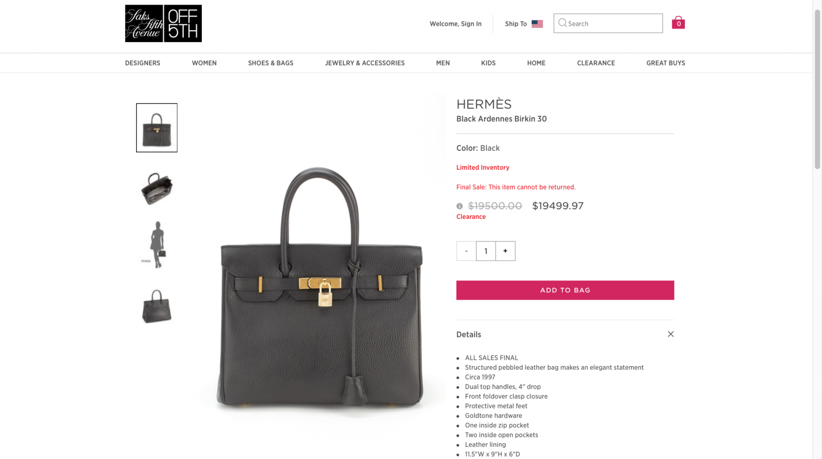 Hermès Birkin So Black second hand prices