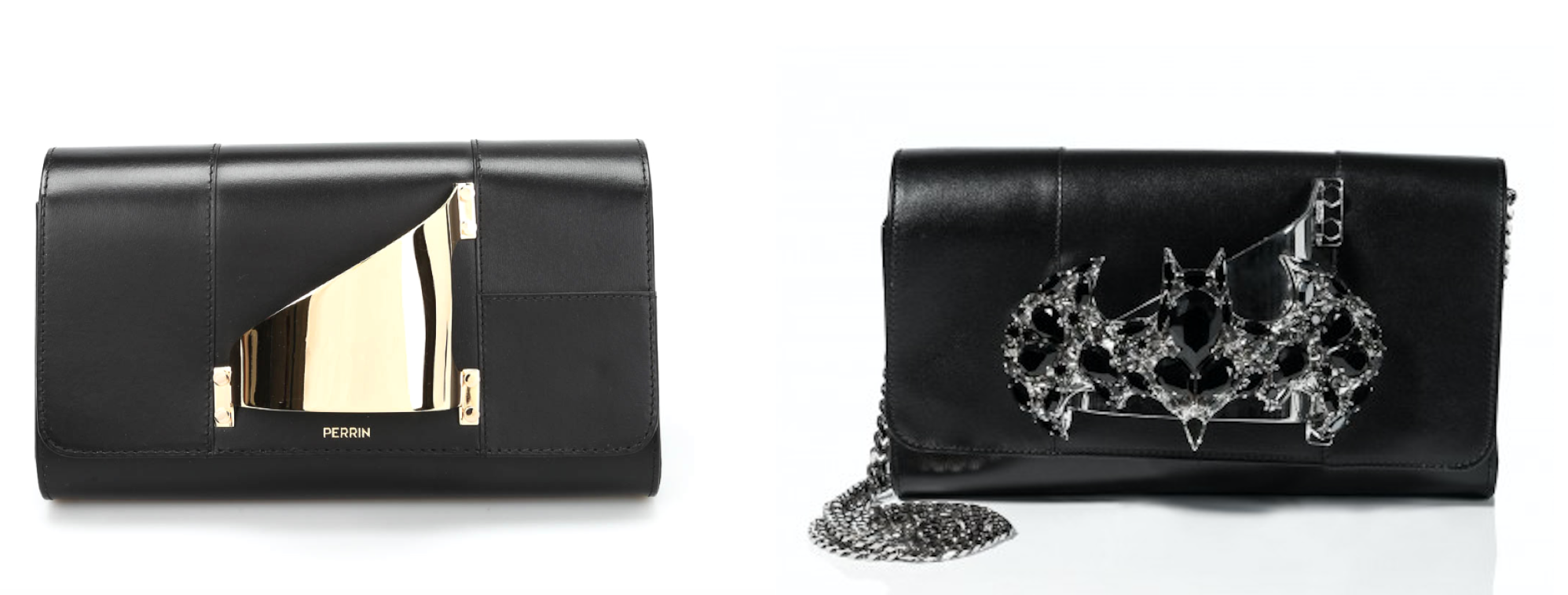 Perrin's Eiffel clutch (left) & Plein's Kindness clutch (right)