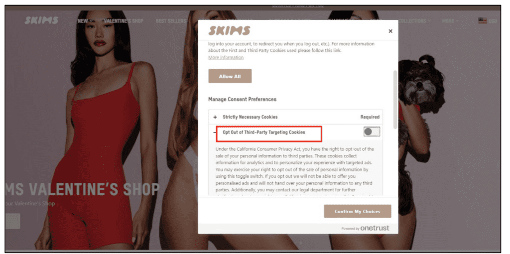 A screenshot of the cookies popup on the SKIMS website